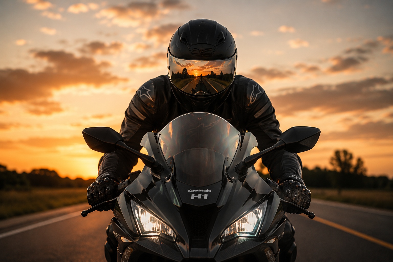 Motorcyclist on an open road at sunset